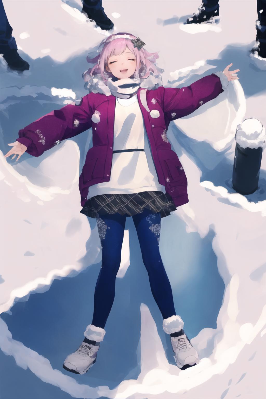 On the snow is a child in the pose of the angel. Hands spread out in